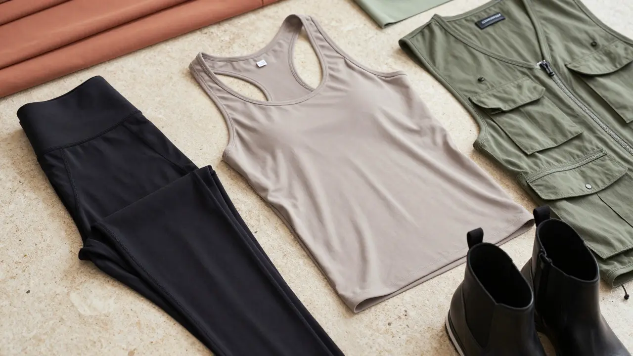 Flat lay of versatile activewear items on stone surface