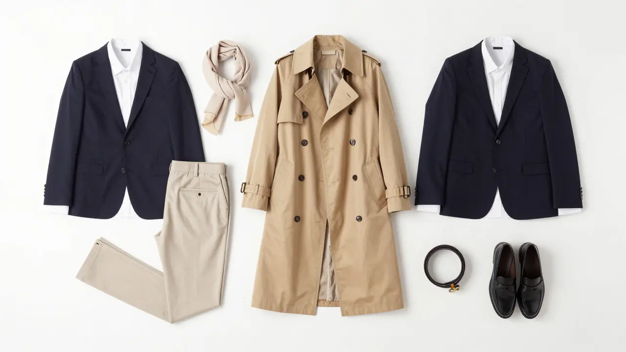 Flat lay of versatile neutral anchor clothing items
