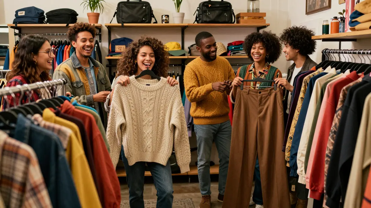 Friends laughing while trying on vintage clothes in a colorful thrift store