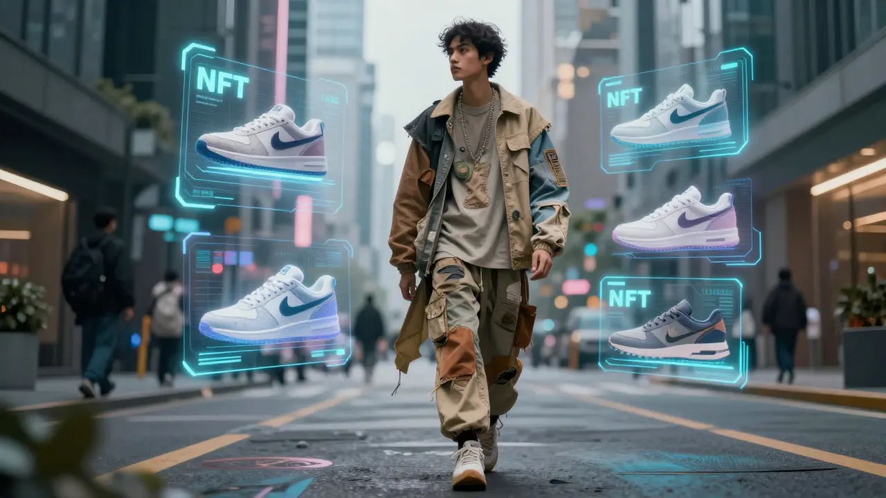 Future streetwear: sustainable clothes mixed with holographic digital fashion elements.