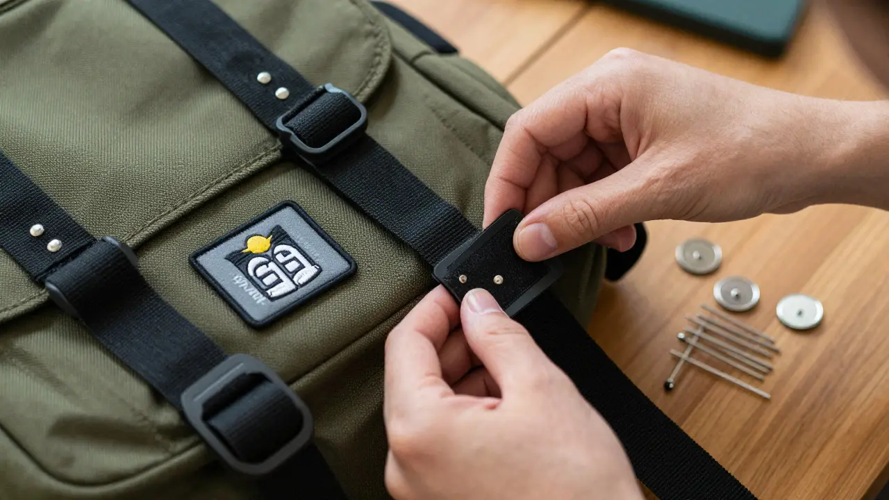 Hands attaching morale patches to a nylon backpack strap