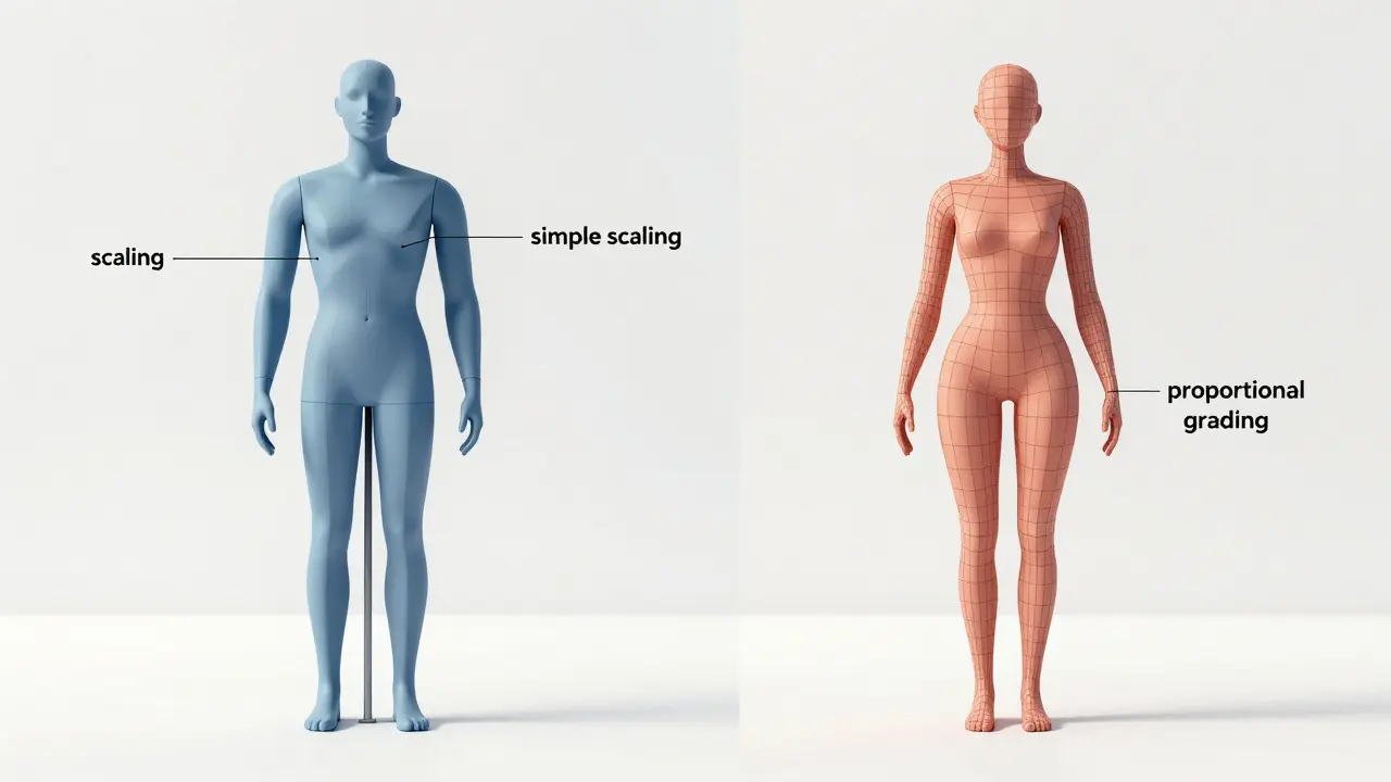 Illustration contrasting rigid scaling with proportional garment grading