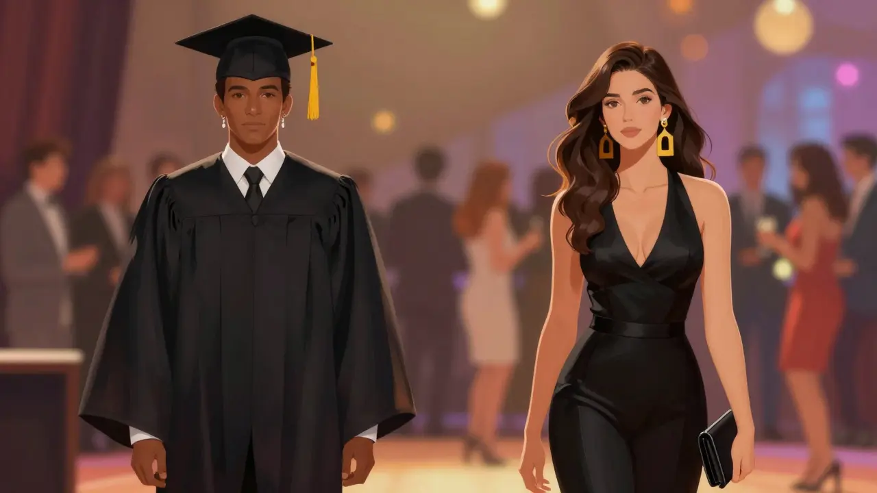 Illustration of a graduate transitioning from ceremony attire to party wear