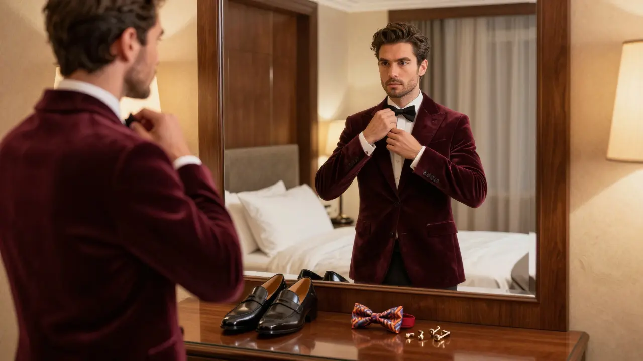 Man adjusting burgundy velvet jacket in luxury hotel suite mirror