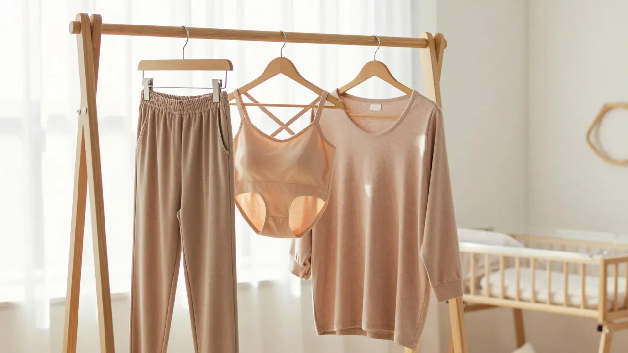 Minimalist postpartum wardrobe with joggers and tunics on rack