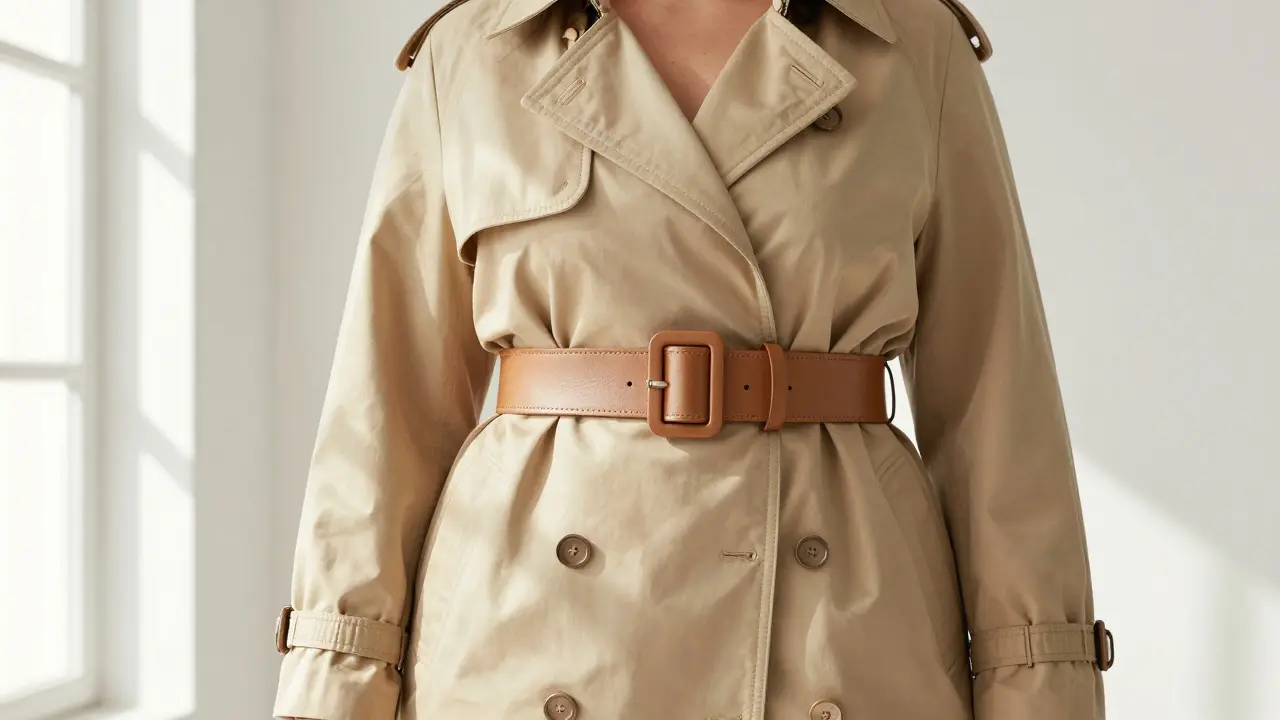 Model in a trench coat cinched with a wide leather belt defining her waist
