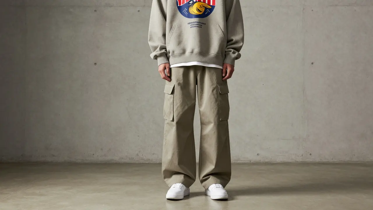 Model in oversized streetwear layers and clean white sneakers against concrete.