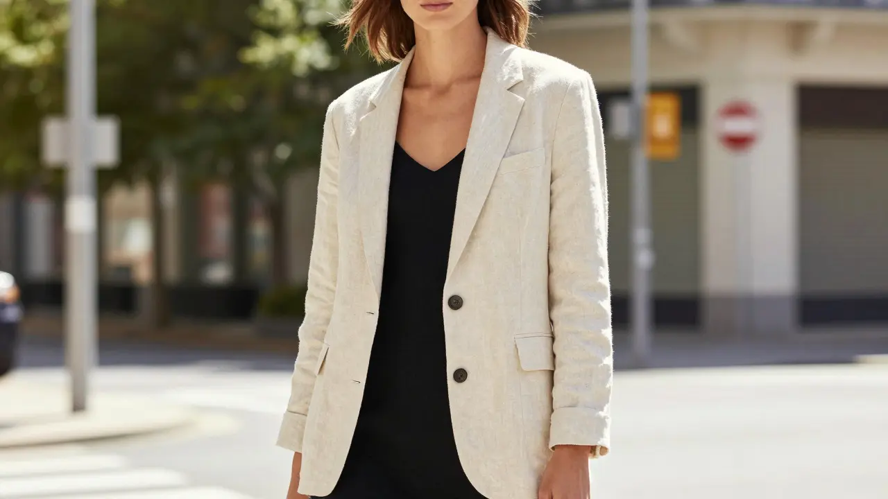 Model wearing a textured oatmeal linen blazer over a slip dress outdoors.
