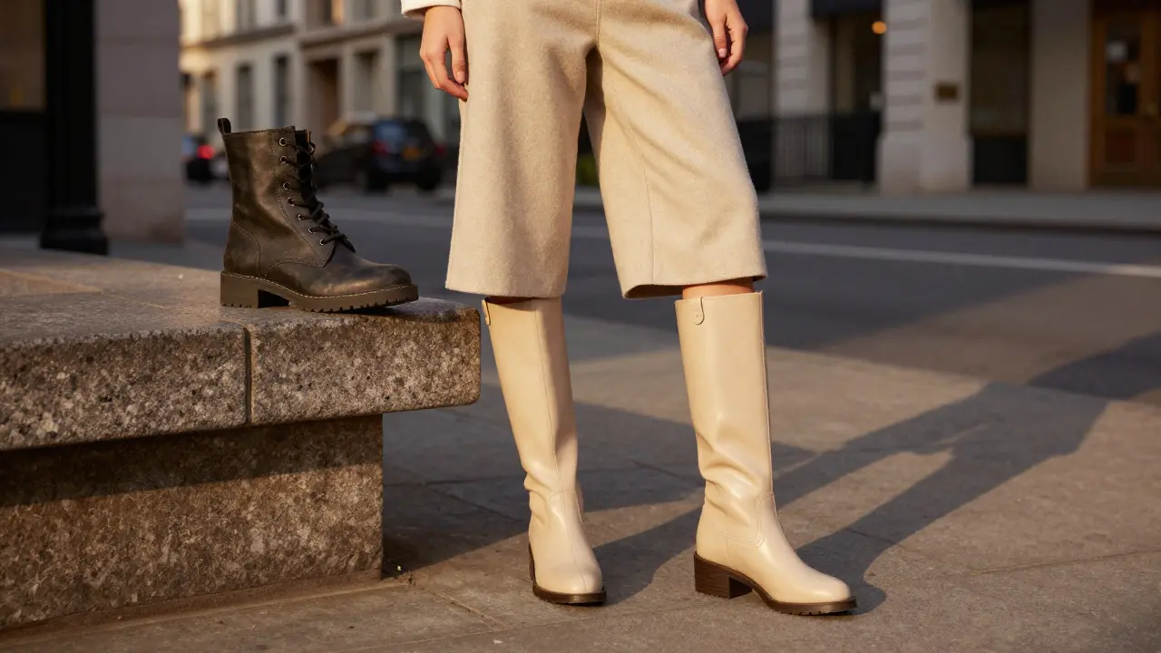 Model wearing loose leather knee-high boots with wide-leg pants