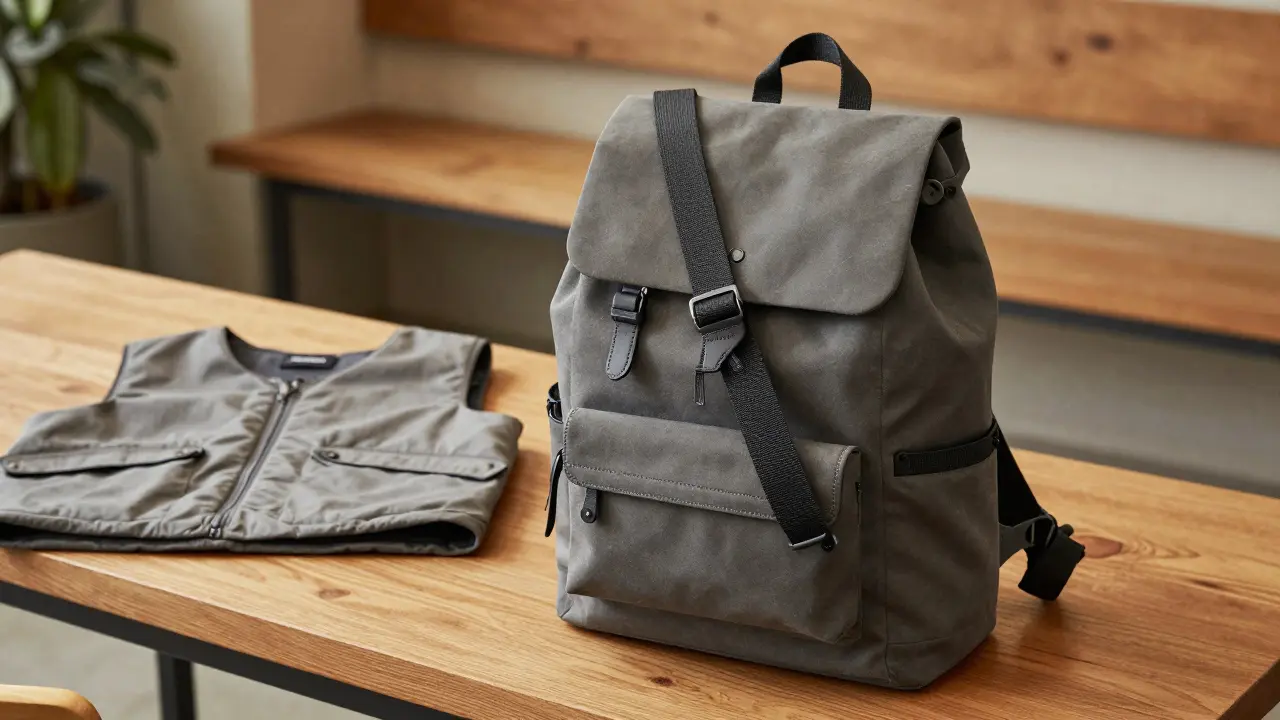 Neutral toned backpack and vest for stealth parenting style