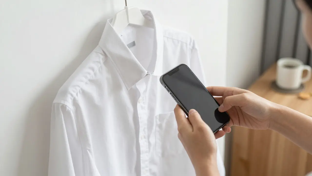 Person photographing shirt on hanger with smartphone