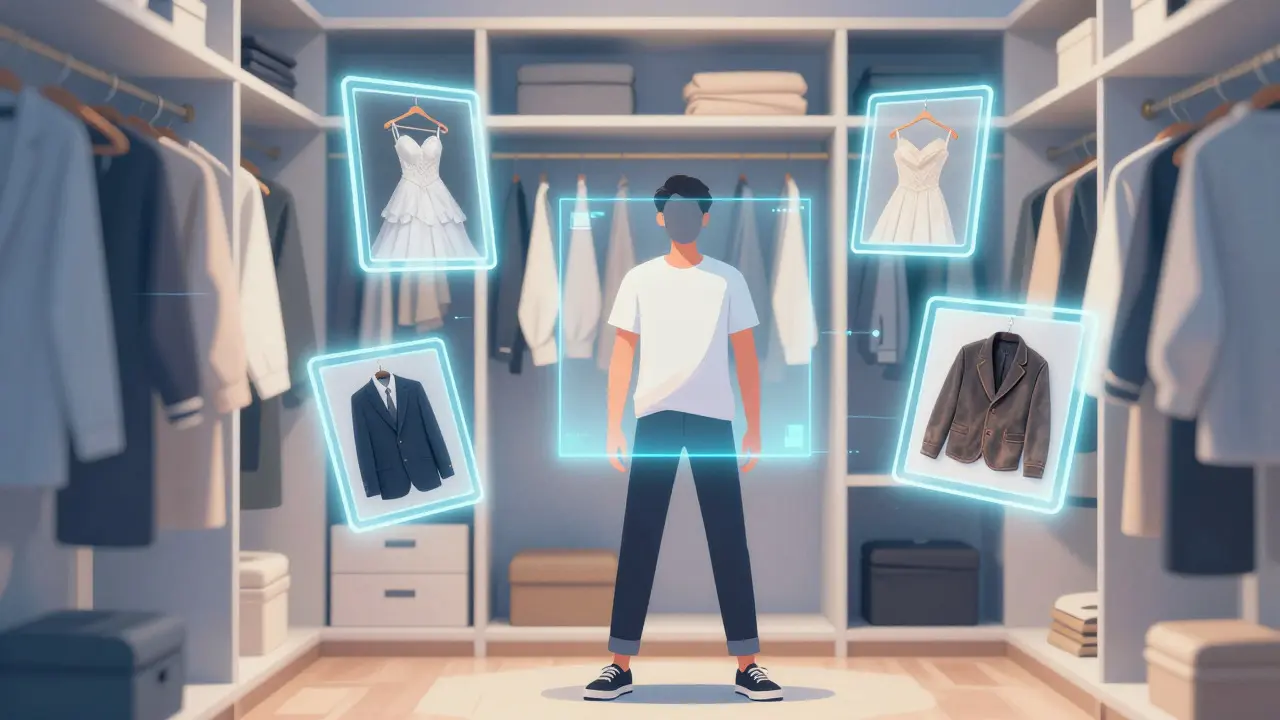 Person with organized closet and floating digital photo frames of old clothes.