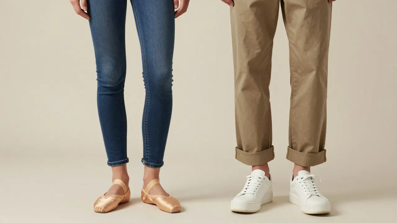 Petite and tall models demonstrating proper jean cuff heights for their stature