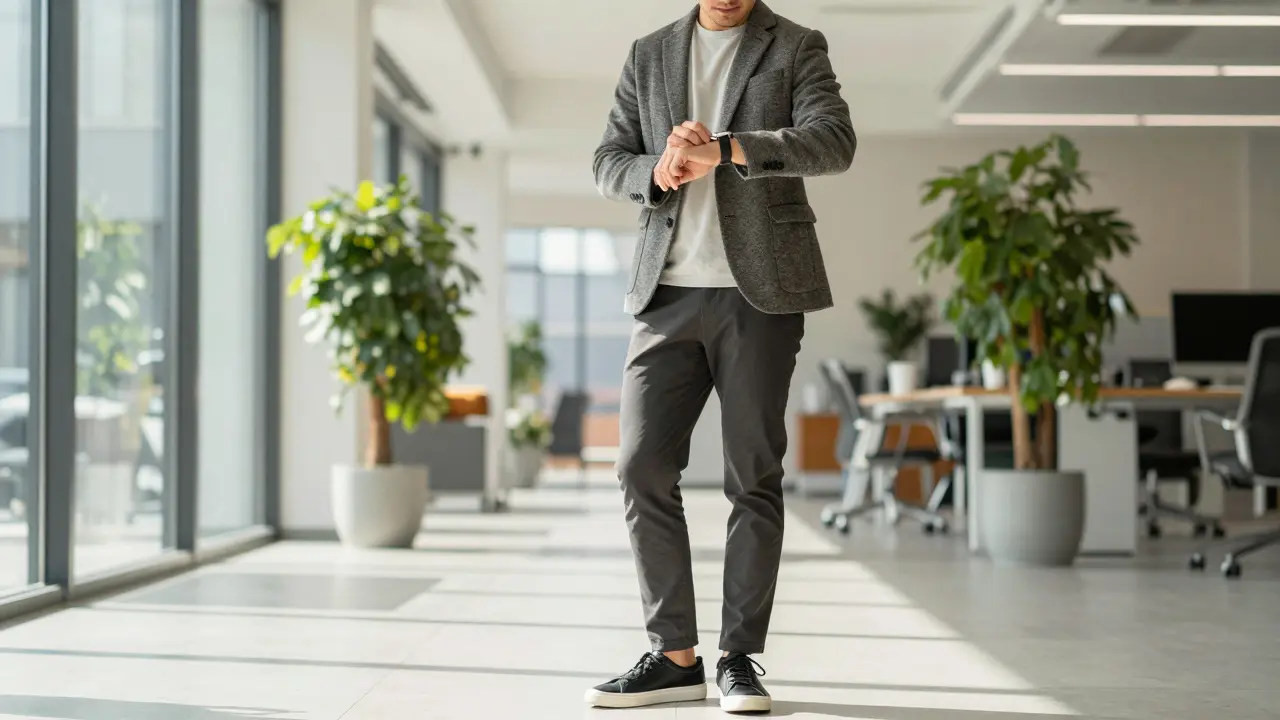 Professional in smart-casual blazer and tech trousers standing in a modern office lobby