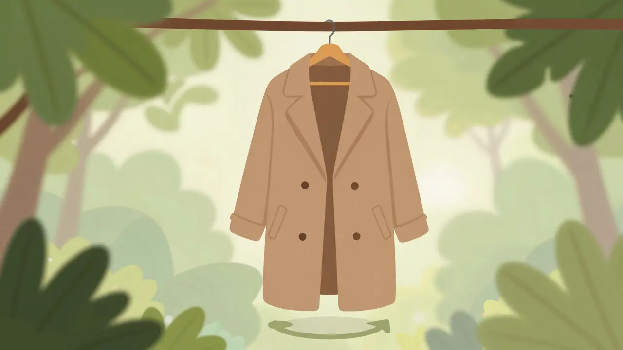 Single quality coat hanging amidst green leaves symbolizing sustainability