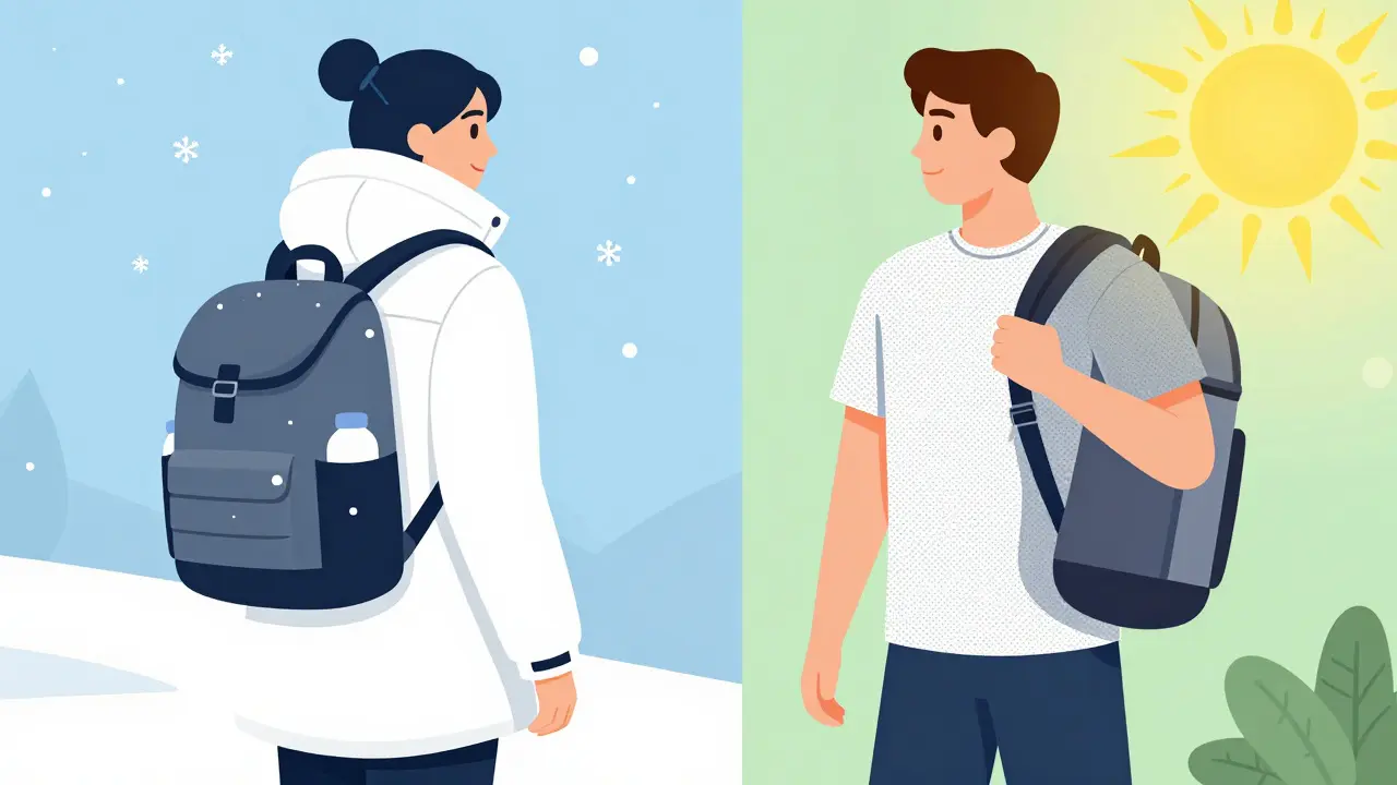 Split view of winter and summer gear for stroller parents