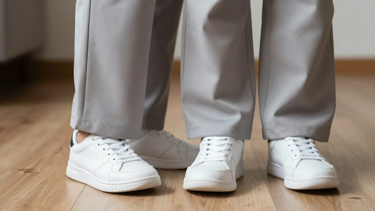 Supportive sneakers and wide-leg trousers on wooden floor