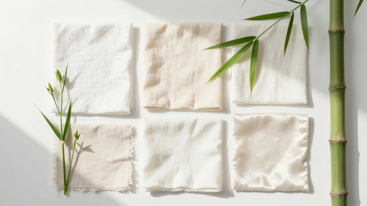 Swatches of linen, bamboo, and silk with fresh plant stems