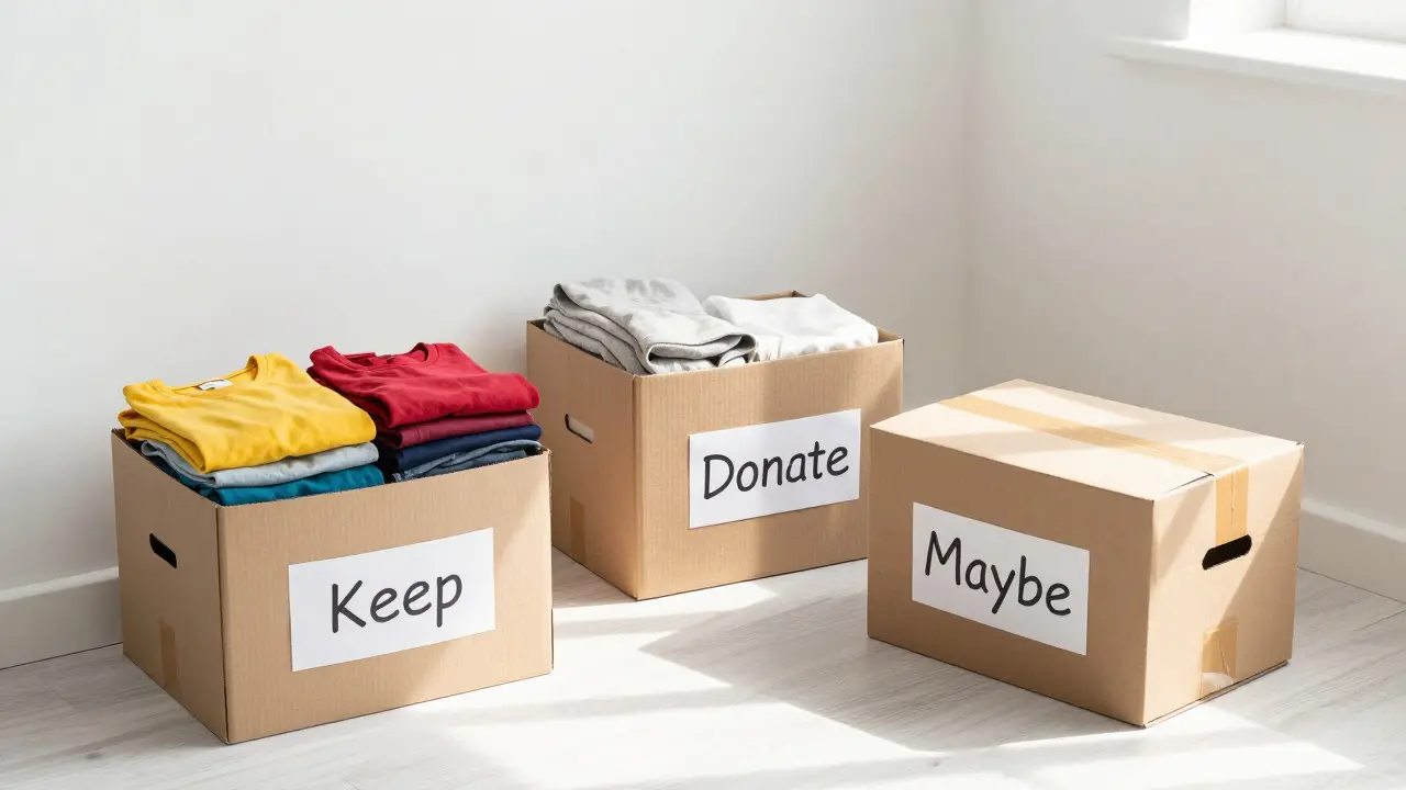 Three boxes labeled Keep, Donate, and Maybe for wardrobe editing.