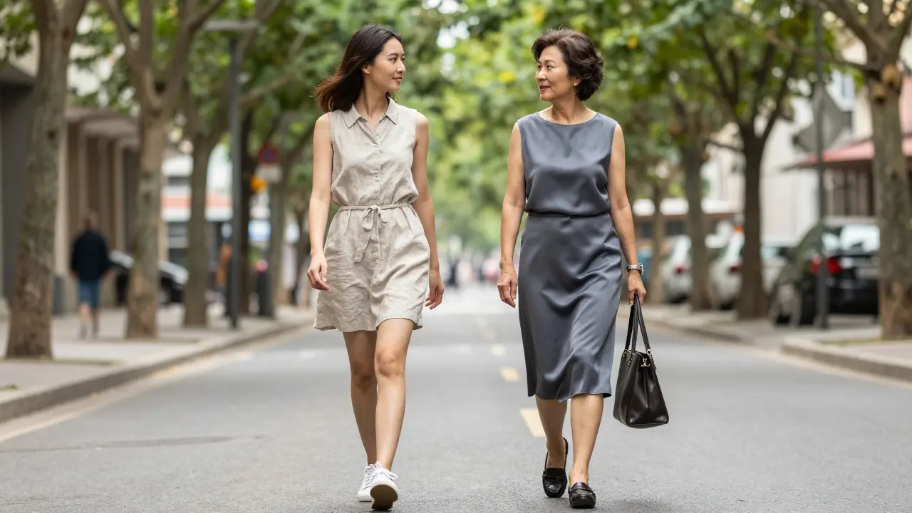 Two women of different ages wearing sleeveless outfits