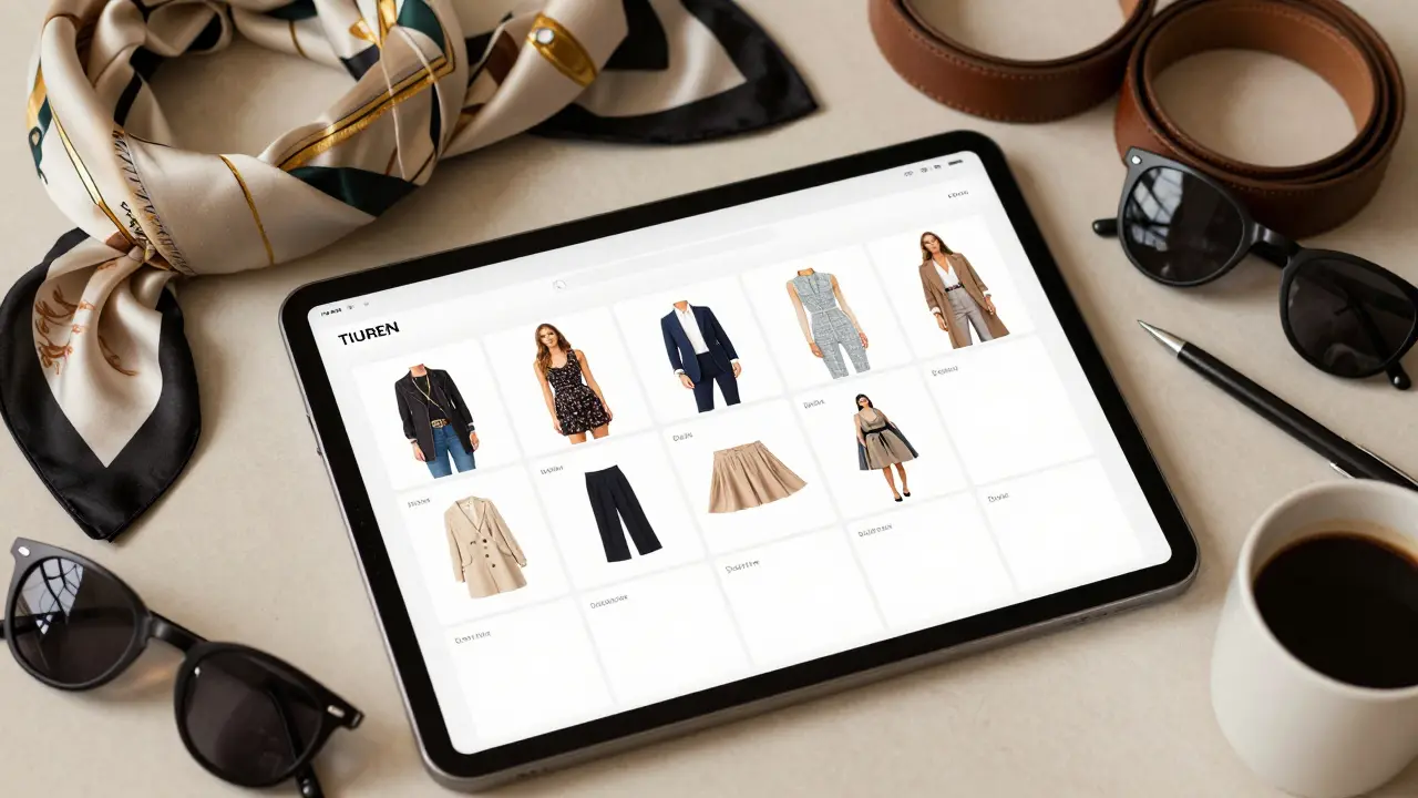 Weekly outfit planner calendar surrounded by fashion accessories