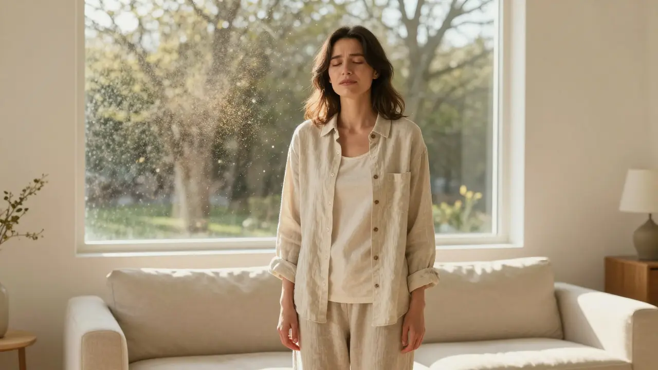 Woman in loose natural fiber layers looking comfortable indoors