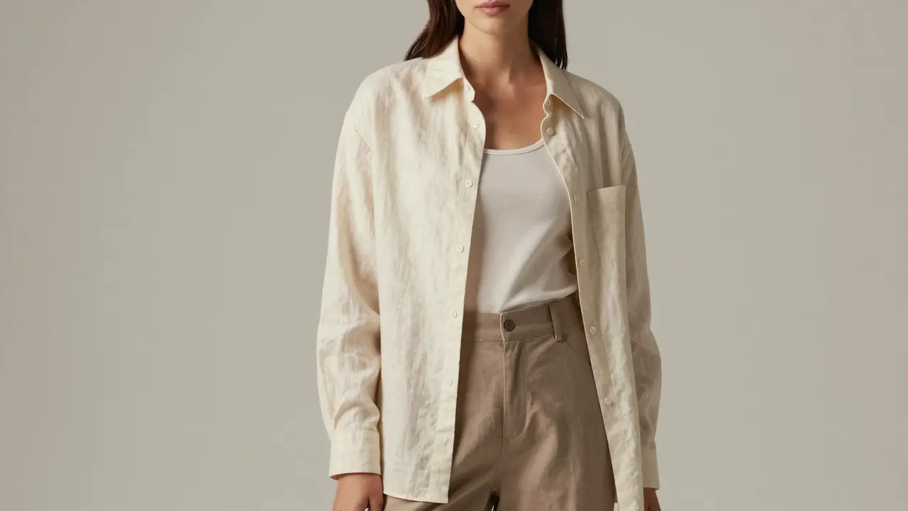 Woman modeling layered linen shirt outfit for comfortable babywearing