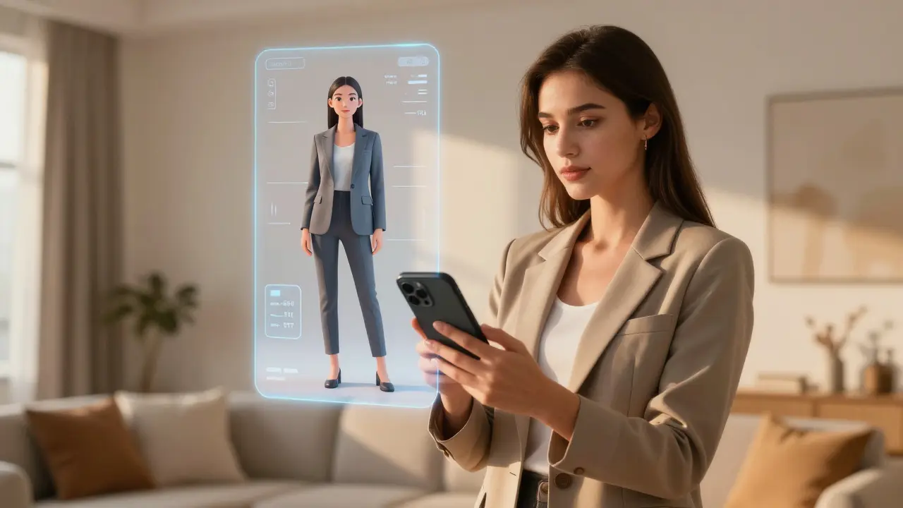 Woman using smartphone app to view holographic 3D clothing fit