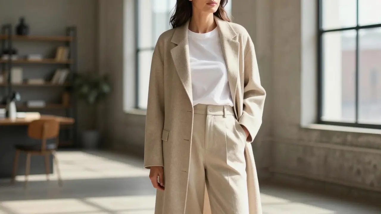 Woman wearing oversized blazer and layered cardigan in a sunlit room, showcasing flexible fit.