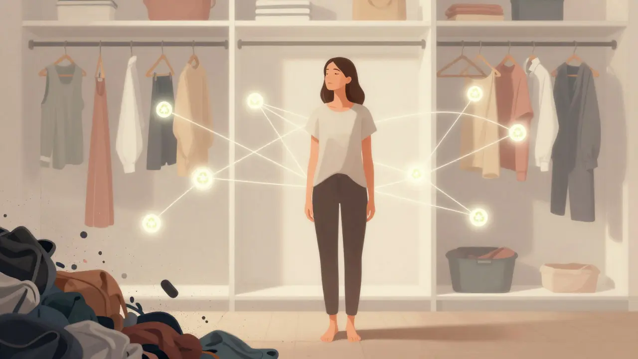A woman in a minimalist closet with glowing connections between clothes.