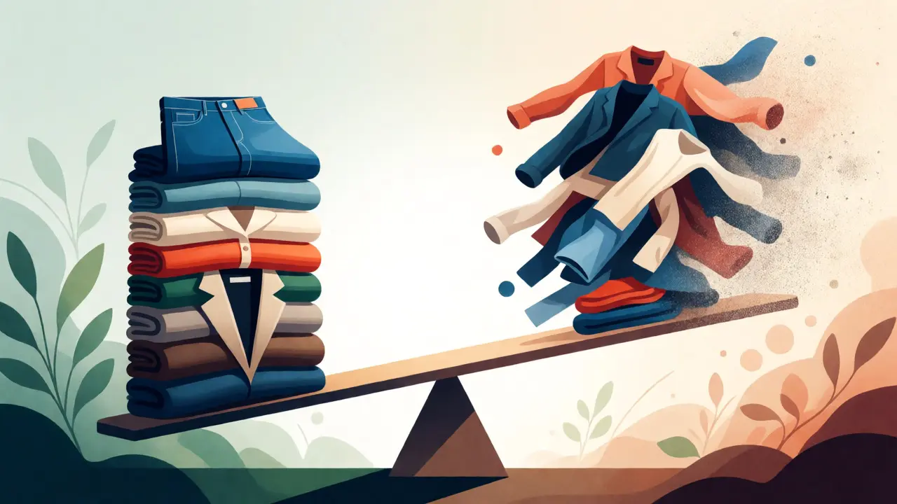 Artistic depiction of ten quality clothes outweighing fast fashion waste.