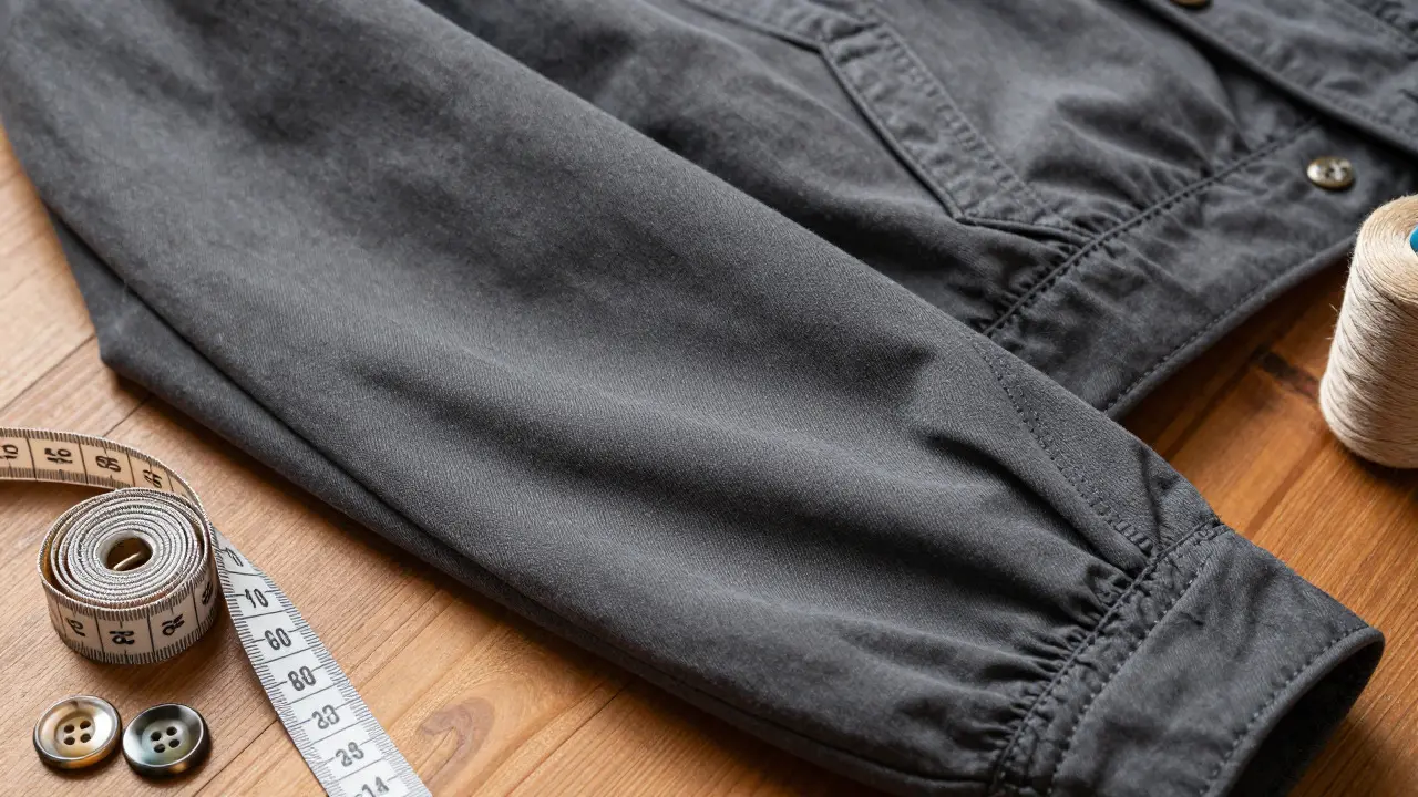 Close-up of reinforced seams and structured shoulders on a grey jacket