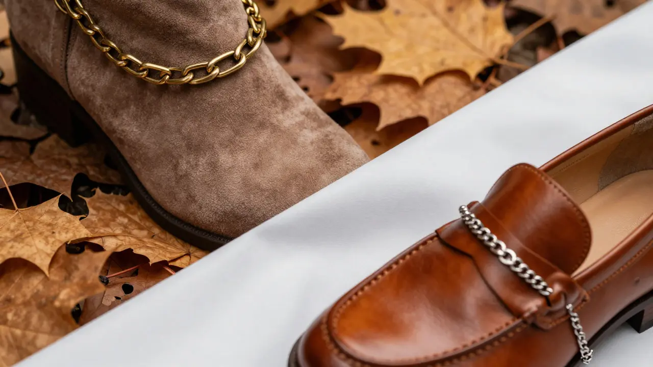 Close-up of suede boots and brass jewelry contrasting with leather shoes and silver chains.
