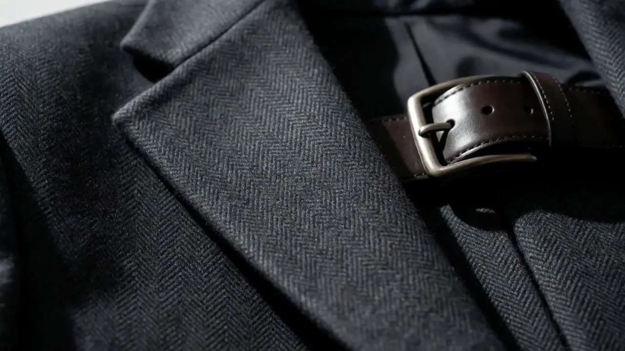 Close-up of textured charcoal wool blazer and matching leather accessories.