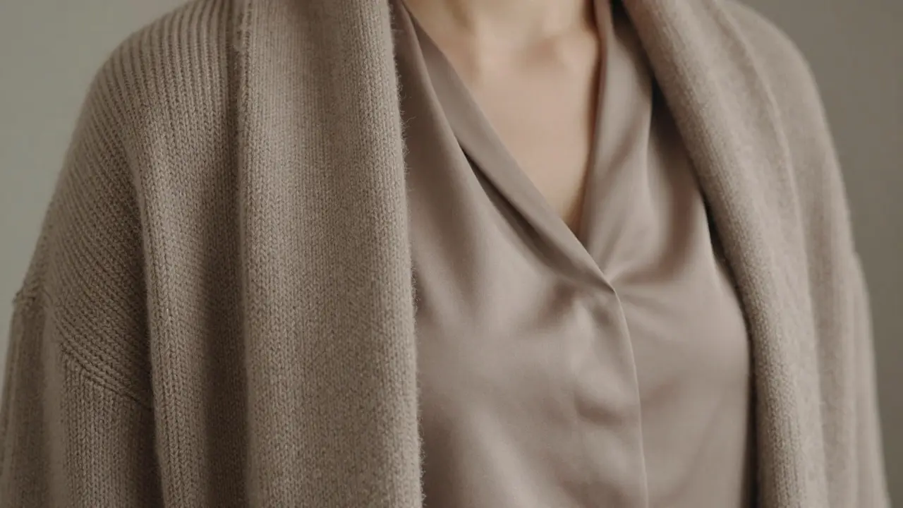 Close-up of textured taupe knit and beige satin fabrics showing subtle tonal variation