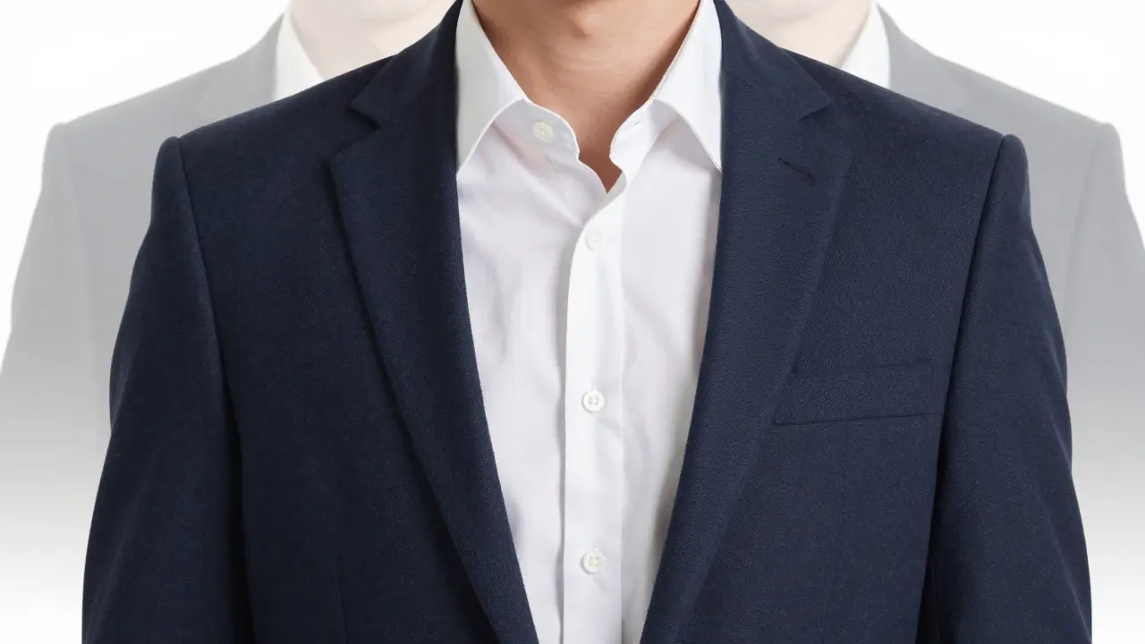 Close up of waist-up outfit showing crisp shirt and blazer