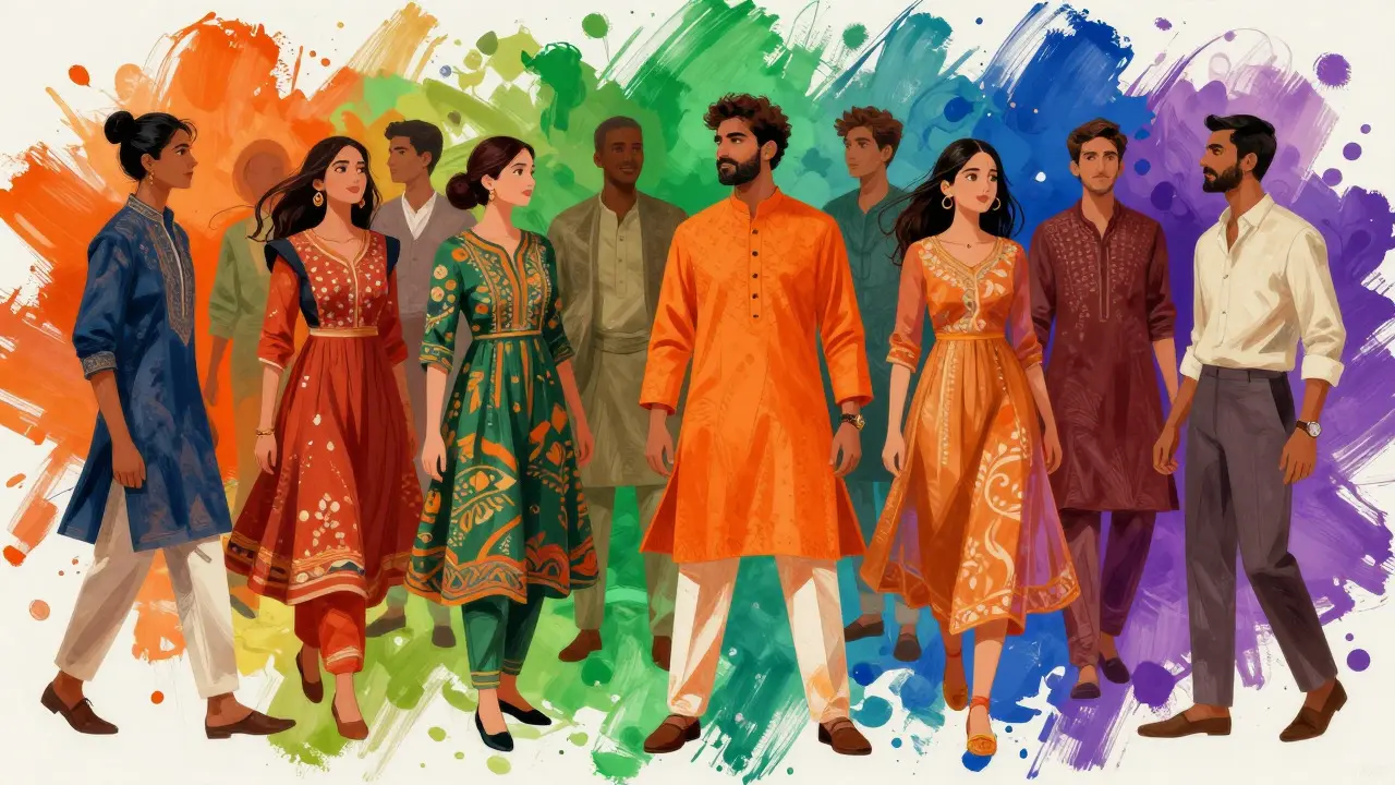 Collage illustration of diverse people wearing culturally fused colorful outfits