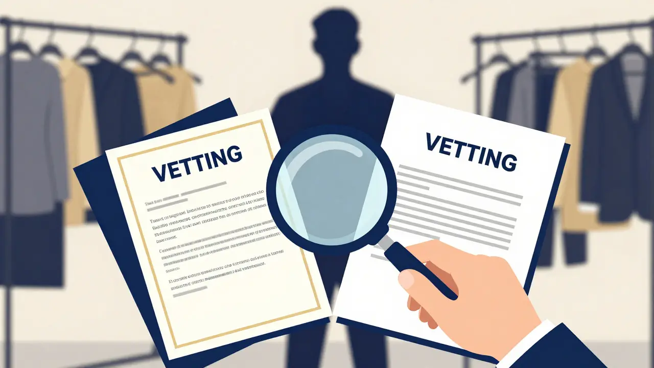 Conceptual art showing a magnifying glass over styling credentials and contracts