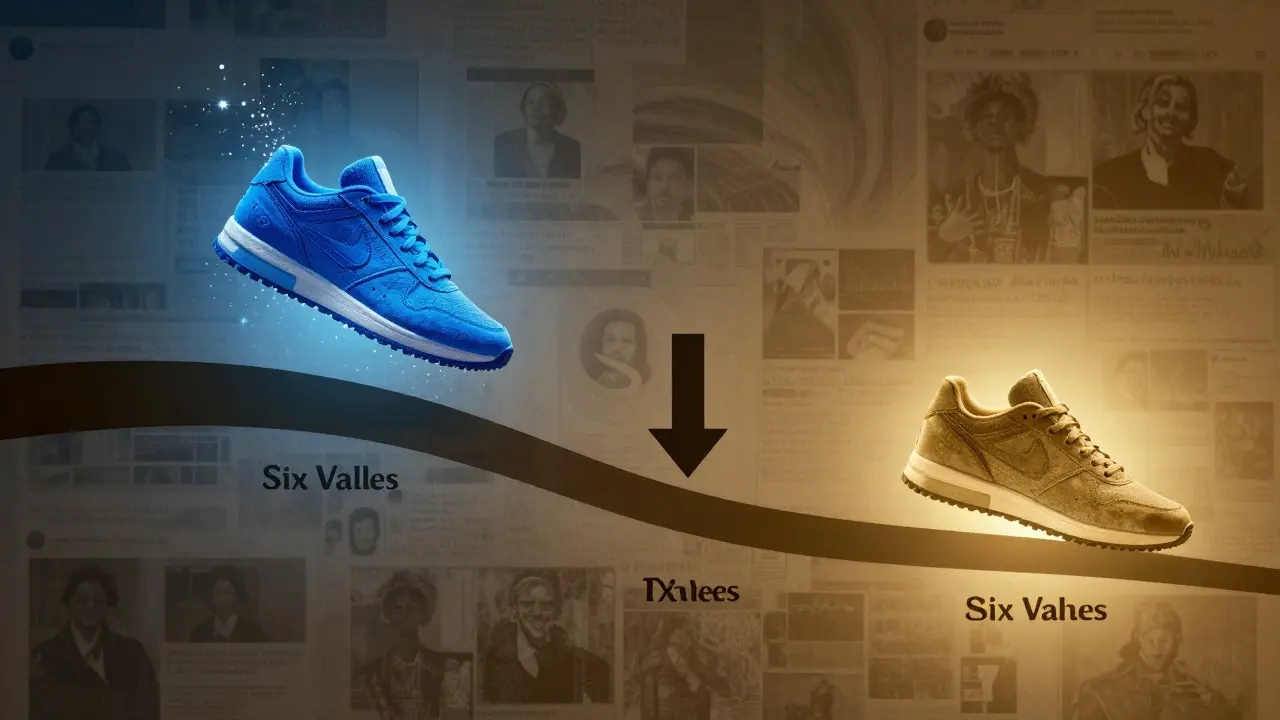 Conceptual art showing the rise and fall of fashion trend value over time