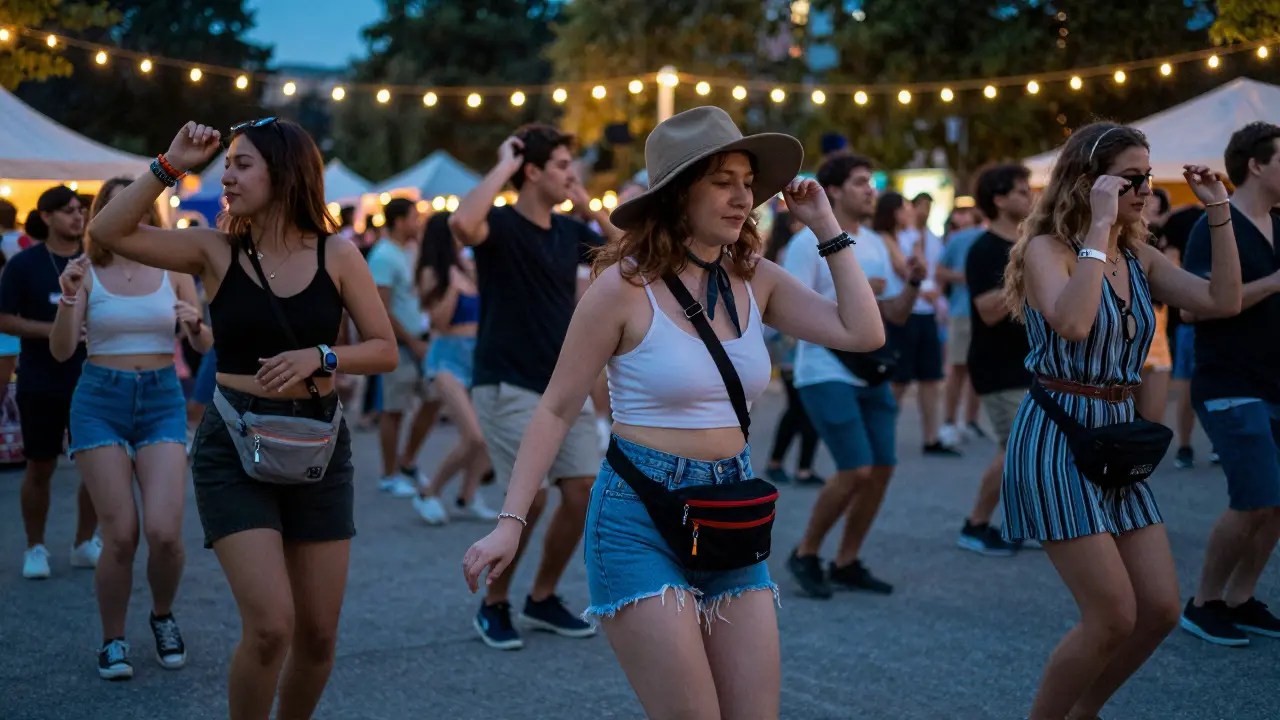 Crowd dancing at dusk with crossbody bags and hats