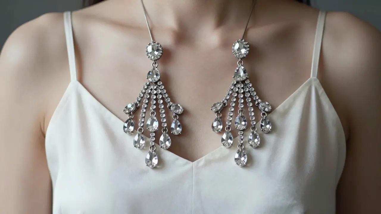 Delicate silk top paired with oversized silver chandelier earrings for balanced styling