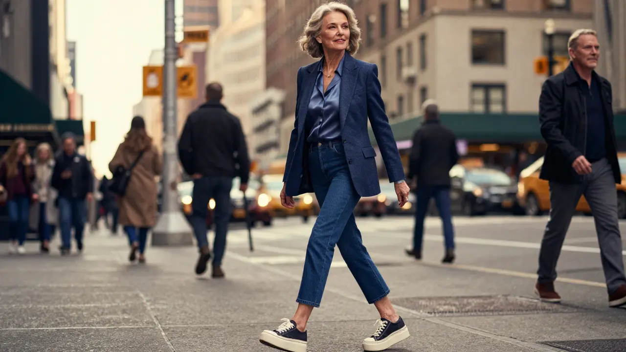 Elderly woman walking confidently in NYC wearing jeans and blazer
