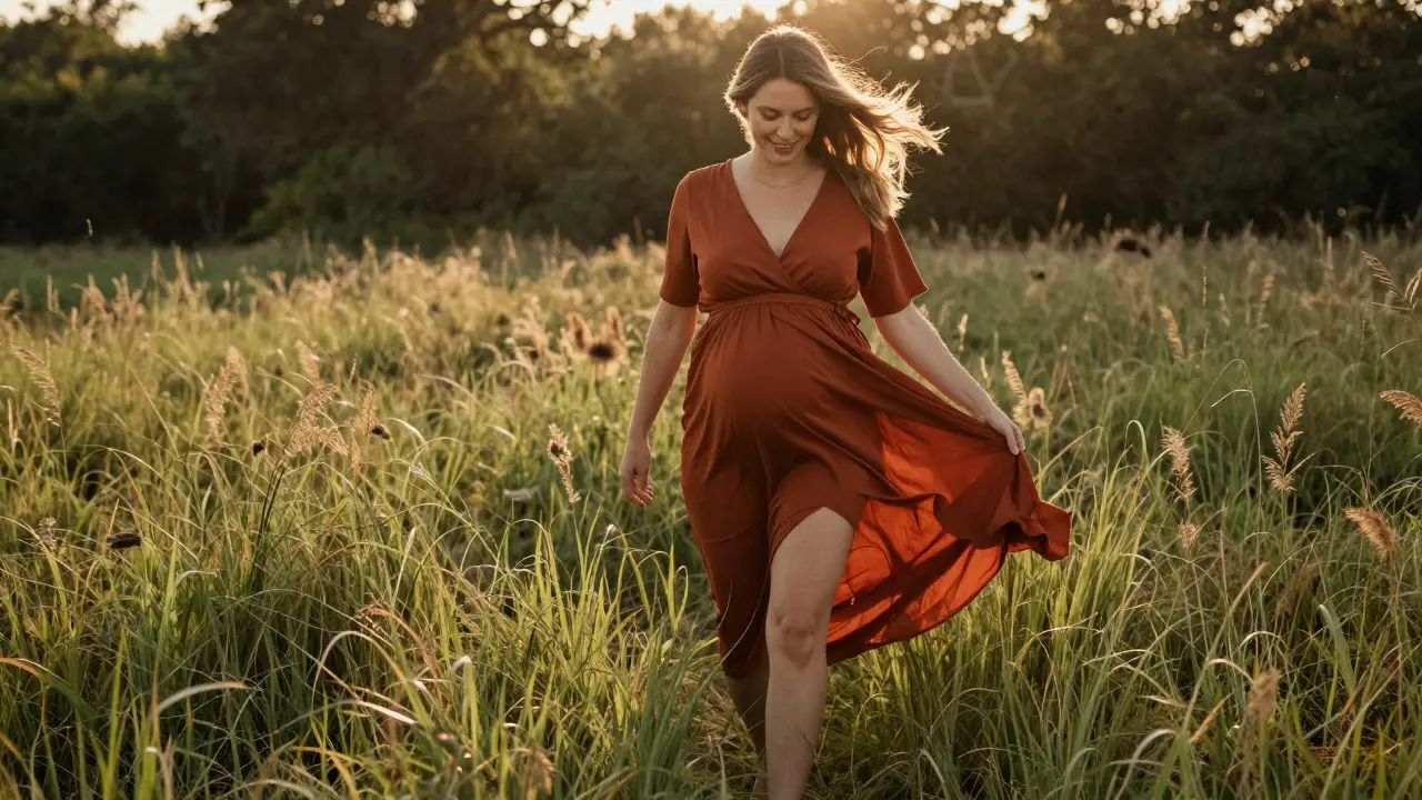 Expectant mother in rust wrap dress walking through sunny grassy field