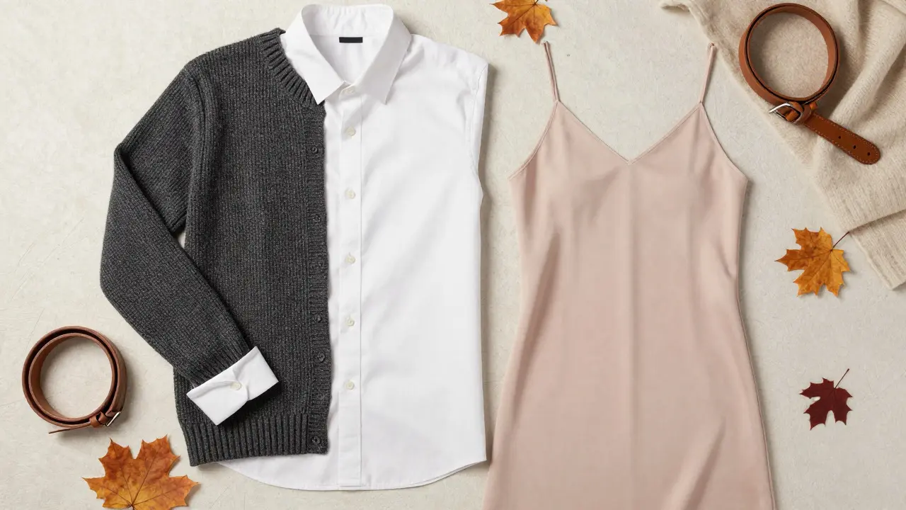 Flat lay of a white shirt styled with sweaters and fabrics to show seasonal layering options.