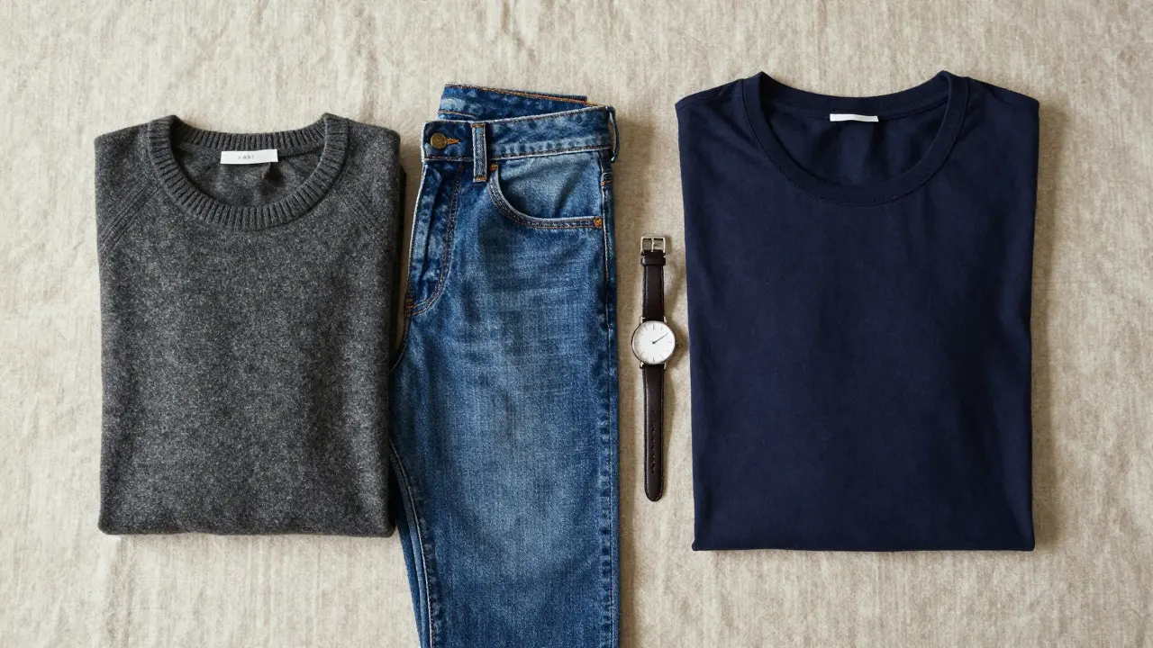 Flat lay of neutral normcore essentials like sweater and jeans