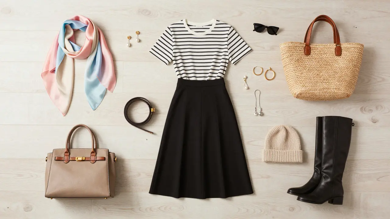 Flat lay of one outfit styled four ways with different seasonal accessories around it.