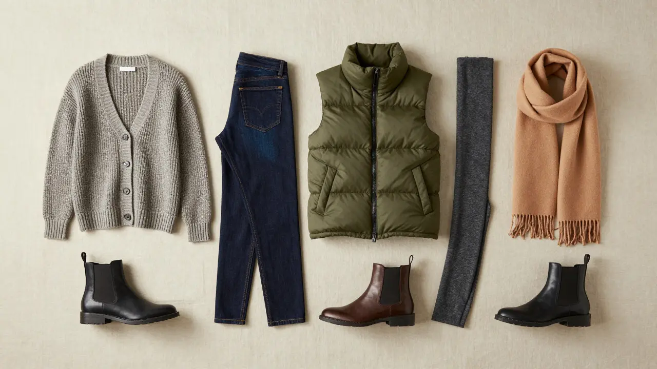 Flat lay of versatile fall capsule wardrobe including boots and scarves