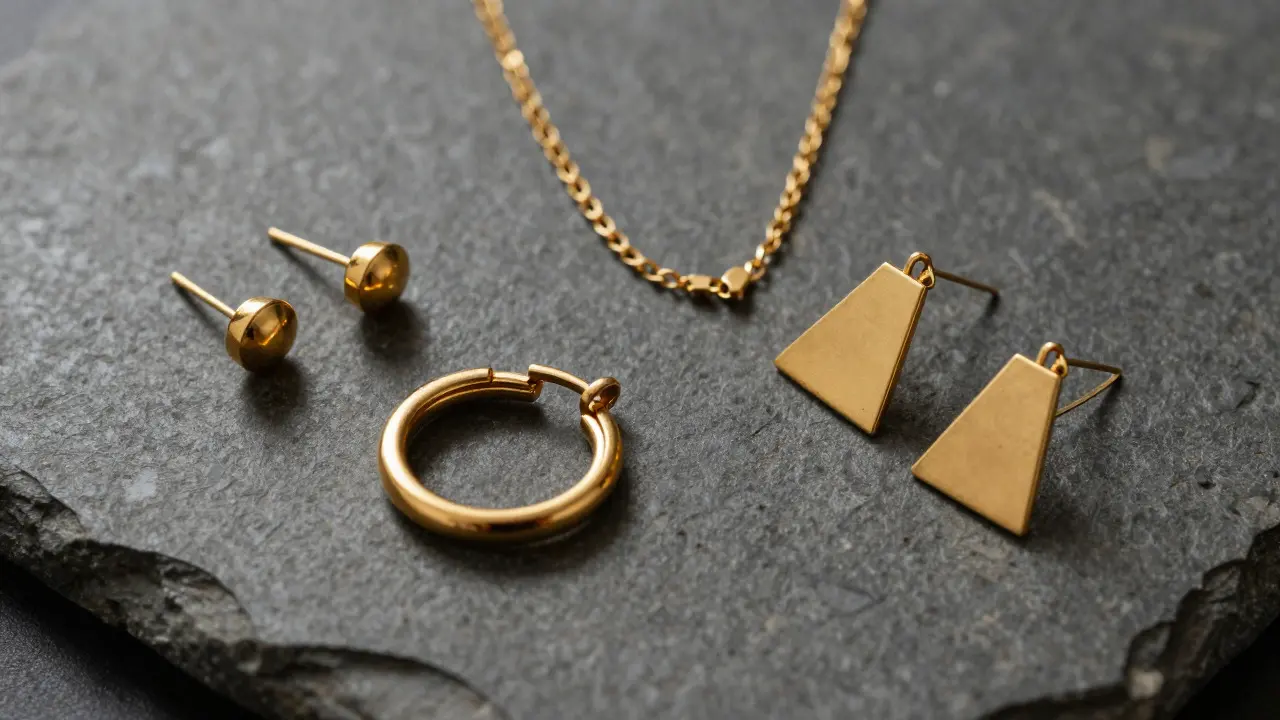 Gold studs, hoops, and statement earrings displayed on stone