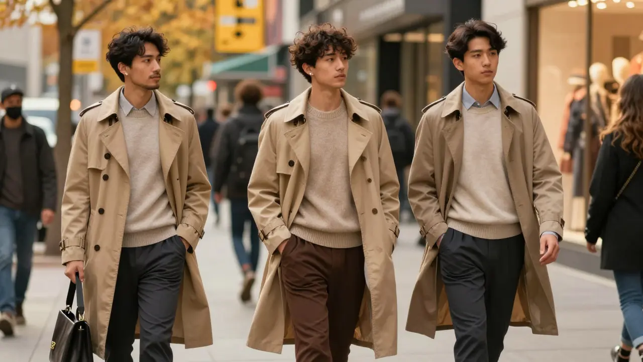 Group walking in city wearing cohesive neutral normcore outfits