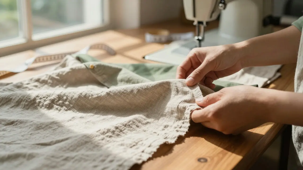 Hands inspecting the texture of a sustainable linen-cotton fabric in a workshop